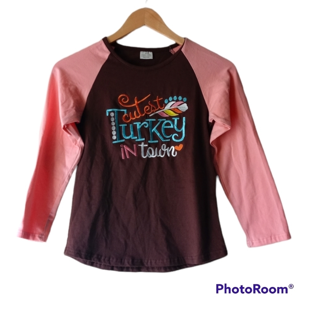 🦃 NWOT Girl's Top "Cutest Turkey in Town" Embroidery Shirt Fall Thanksgivi…